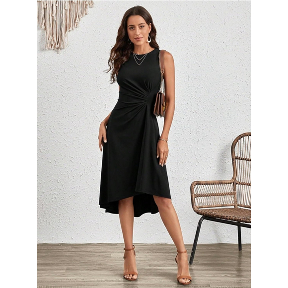 Verdusa Women's Sleeveless Crew Neck Ruched Front Asymmetrical Hem Midi Dress - Picture 6 of 8